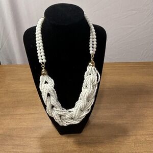Talbots Necklace White Beaded Braided Bib 21" Womens Statement Gold Tone Jewelry